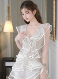 White A Line V Neck Ruffle Layered Tulle Short Homecoming Dress Outfits HZ1023