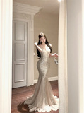 Shiny Mermaid V Neck Silver Sequin Tulle Prom Dress Evening Dress Formal Gown HZ1023