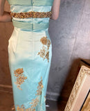 Gorgeous Sheath Strap Appliques Sequin Beaded Blue Satin Prom Dress Evening Dress HZ1023