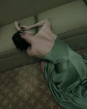 Vintage A Line Spaghetti Strap Beaded Green Satin Party Dress Evening Dress HZ1023