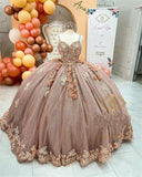 Coffee Beaded Quinceanera Dresses Sexy Spaghetti Neck Appliqued 3D Floral Sweet 16 Princess Ball Gown Pageant Gowns vestido HZ1023