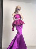Barbie Pink Mermaid Strapless Satin Long Prom Dress Evening Dress HZ1023