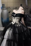 Stunning Black A Line Long Sleeve White Satin Tulle Prom Dress Party Dress Evening Dress HZ1023