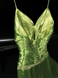 Fresh Green A Line Spaghetti Strap Chiffon Ruffle Satin Long Prom Dress Formal Gown HZ1023