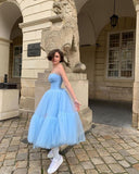Baby Blue A Line Strapless Tulle Prom Dress Wedding Guest Dress Birthday Dress HZ1023