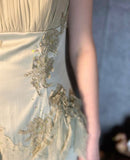 Gentle Green Sheath Spaghetti Strap Appliques Satin Chiffon Prom Dress Evening Dress HZ1023