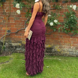 Burgundy Brick Sheath Spaghetti Straps Layered Chiffon Long Prom Dress Evening Dress with Slit HZ1023