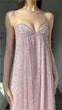 Gentle Pink A Line Spaghetti Strap Sequin Tulle Long Prom Dress Evening Dress Formal Dress HZ1023