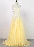 Yellow Tulle with Applique Long Party Dress, Charming Junior Prom Dress HZ1023