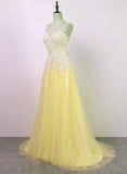 Yellow Tulle with Applique Long Party Dress, Charming Junior Prom Dress HZ1023