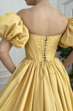 Yellow satin long A line prom dress yellow evening dress HZ1023