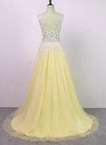 Yellow Tulle with Applique Long Party Dress, Charming Junior Prom Dress HZ1023