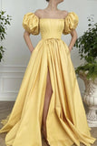 Yellow satin long A line prom dress yellow evening dress HZ1023