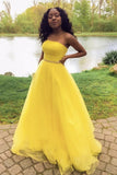 Yellow tulle long A line prom dress yellow evening dress HZ1023