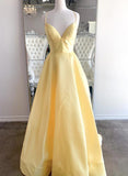 Yellow v neck satin long prom dress evening dress HZ1023