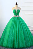 Strapless Green Sequins Tulle Long A Line Beaded Prom Dress, Formal Dress HZ1023