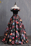 Black Floral Satin Off Shoulder Strapless Long Formal Prom Dress, Evening Dress HZ1023