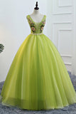 Fresh Green Tulle V Neck Long Lace Up Senior Prom Dress With Applique HZ1023