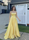 Yellow satin prom dress simple evening dress HZ1023