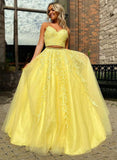 Yellow tulle lace long prom dress two pieces evening dress HZ1023