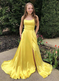Yellow satin long prom dress simple evening dress HZ1023
