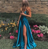 Blue A line satin long prom dress simple evening dress HZ1023