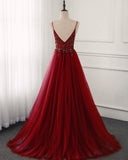 HIGH QUALITY BURGUNDY STRAPS BEADED LONG PARTY DRESS, LONG JUNIOR PROM DRESS HZ1023