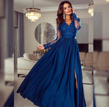 Long Sleeve Appliques Prom Dress, A Line Prom Dresses, Split Slit Evening Dress HZ1023