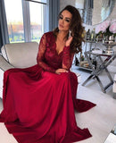 Long Sleeve Appliques Prom Dress, A Line Prom Dresses, Split Slit Evening Dress HZ1023