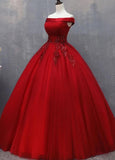 Red Tulle Long Off the Shoulder Sweet 16 Dress, Red Party Gown HZ1023