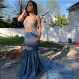 Black Girl Prom Dress Cheap Sparkle Blue Sexy Prom Dresses | Mermaid Silver Aplliques Long Evening Gowns HZ1023