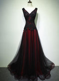 Black and Tulle V-neckline Beaded Lace Long Party Dress, A-line Prom Dress Evening Dresss HZ1023