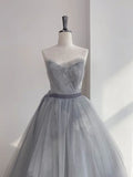 A Line Strapless Appliques Gray Tulle Long Prom Dress Evening Dress HZ1023