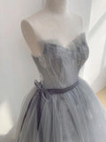 A Line Strapless Appliques Gray Tulle Long Prom Dress Evening Dress HZ1023