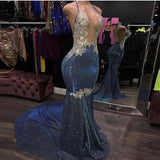 Black Girl Prom Dress Cheap Sparkle Blue Sexy Prom Dresses | Mermaid Silver Aplliques Long Evening Gowns HZ1023