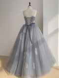 A Line Strapless Appliques Gray Tulle Long Prom Dress Evening Dress HZ1023