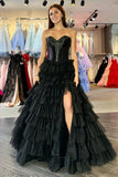 Black A Line Sweetheart Neck Layered Satin Tulle Long Wedding Guest Dress Evening Dress with Slit HZ1023