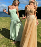Mint Green A Line Sweetheart Neck Satin Chiffon Long Prom Dress Evening Dress HZ1023