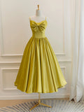 Simple Spaghetti Strap Bow Yellow Satin Tea Length Homecoming Dress HZ1023