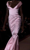 Pink Classy Mermaid Off the Shoulder Rhinestone Satin Long Prom Dress Evening Dress HZ1023