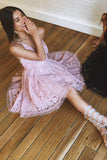 Cute Straps Pink Lace Homecoming Dress HZ1023