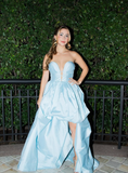 Baby Blue A Line V Neck Satin Short Long Prom Dress Evening Dress HZ1023