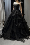 Charming A Line Sweetheart Neck Ruffle Sequin Black Tulle Long Party Dress Evening Dress HZ1023