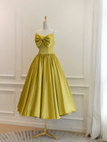 Simple Spaghetti Strap Bow Yellow Satin Tea Length Homecoming Dress HZ1023