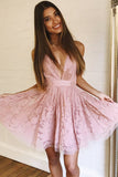 Cute Straps Pink Lace Homecoming Dress HZ1023