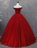 Red Tulle Long Off the Shoulder Sweet 16 Dress, Red Party Gown HZ1023
