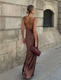 Simple Brown A Line Spaghetti Strap Satin Open Back Prom Dress Wedding Guest Dress HZ1023
