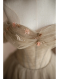 Light Camel A Line Off the Shoulder Floral Tulle Long Party Dress Prom Dress Formal Dress HZ1023