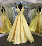 Yellow v neck satin long prom dress yellow evening dress HZ1023