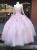Pink Off The Shoulder Long Sleeves Wedding Dress Beautiful Ball Gown Quinceanera Dress HZ1023